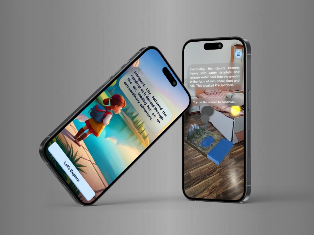 Two phone mockups: Lily's narrative intro on a lakeside pier, and an AR precipitation lesson with 3D terrain and raining clouds in a bedroom